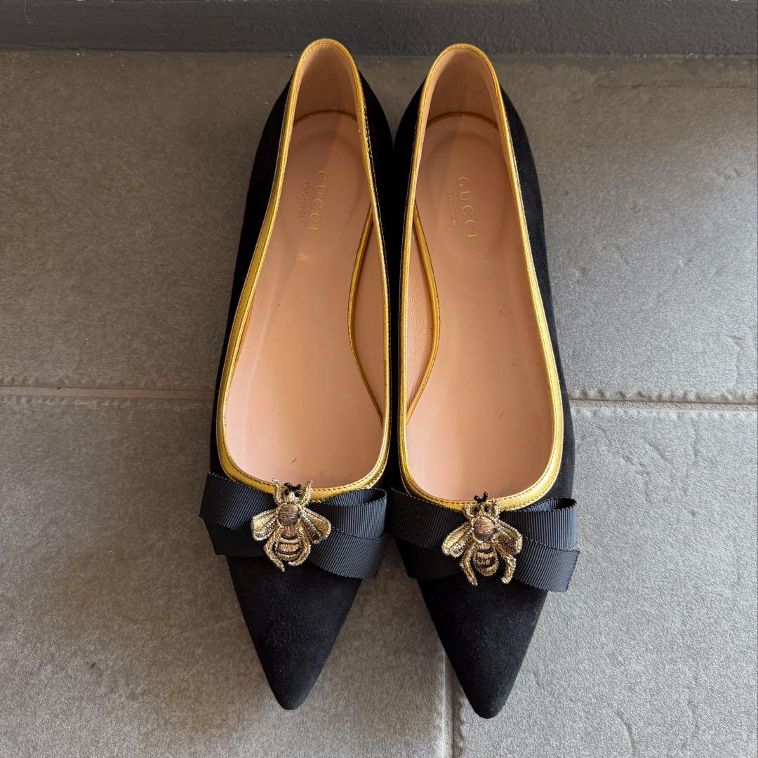 【美品】グッチ BEEモチーフ ポインテッドトゥ フラットシューズ バレエ