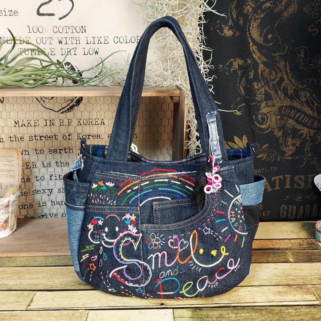 刺繍デニムバック　No.638　デニムリメイク　チューリップバック　刺繍バック