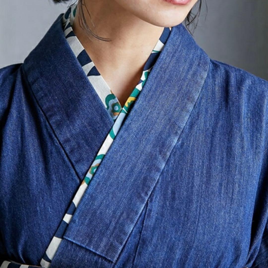 浴衣　二部式　作り帯ち付き　デニム　ネイビー　L〜LL