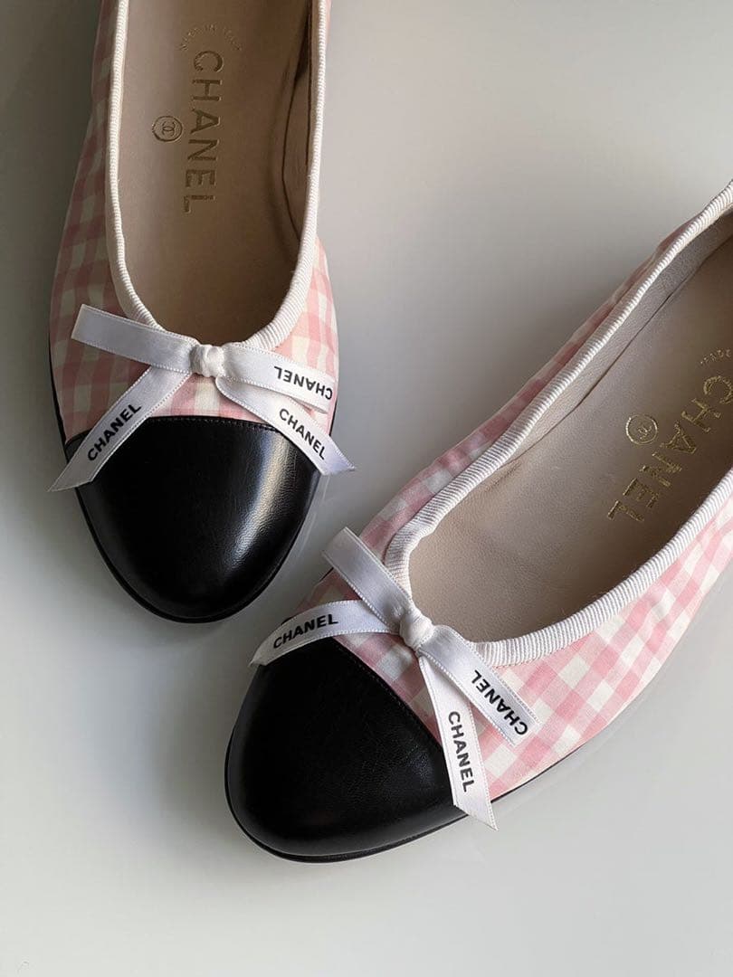 CHANEL シャネル　ギンガム　チェック リボン　フラットシューズ　バレリーナ