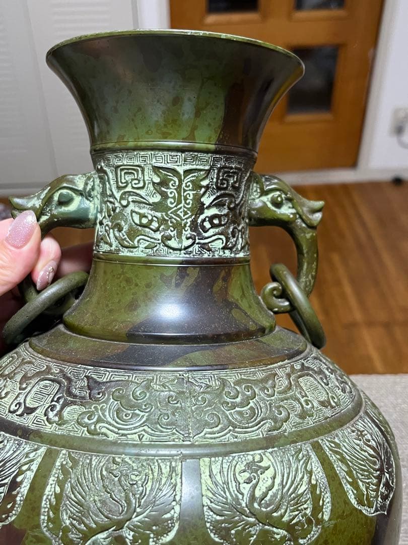 高岡銅器 吉秀 双耳 浮彫花鳥文花器 花瓶 華道具 飾り壷 インテリア