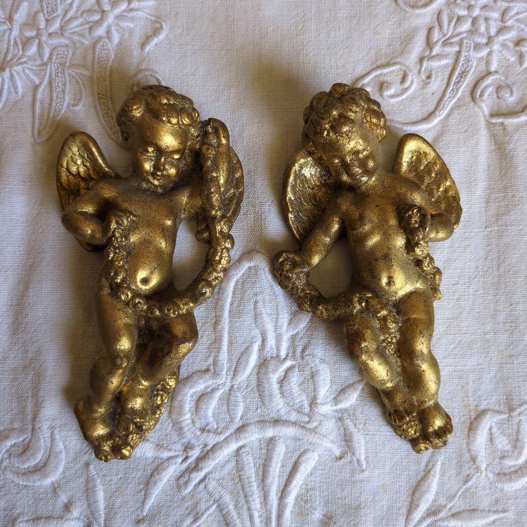 フランスアンティーク 壁飾り 天使 ペア 石膏
