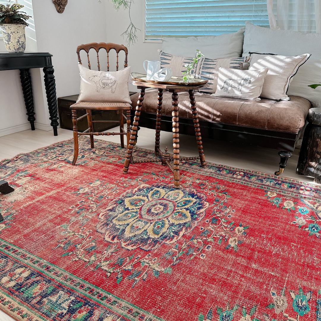 トルコ ヴィンテージラグ A89 超大判 レア レッド ターコイズ ネイビー