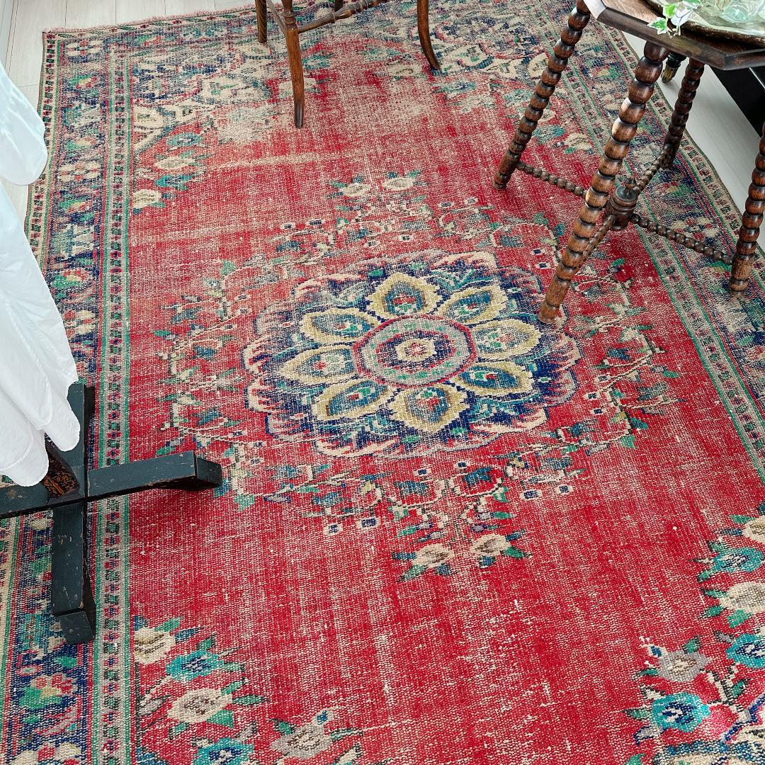 トルコ ヴィンテージラグ A89 超大判 レア レッド ターコイズ ネイビー