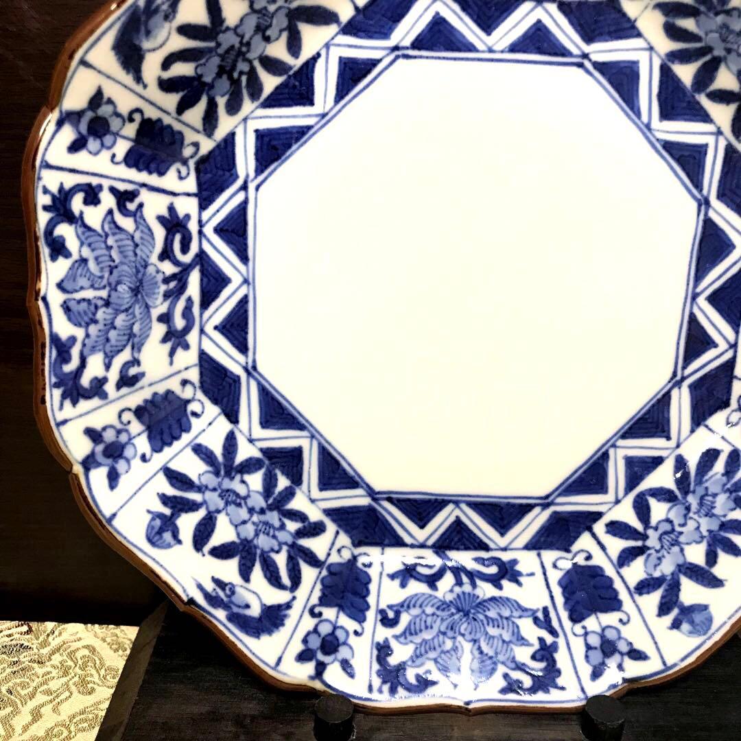 未使用保管品✨清水焼 雲泉 染付間取草花紋 八角皿✨皿 加藤雲泉 中皿 雲泉