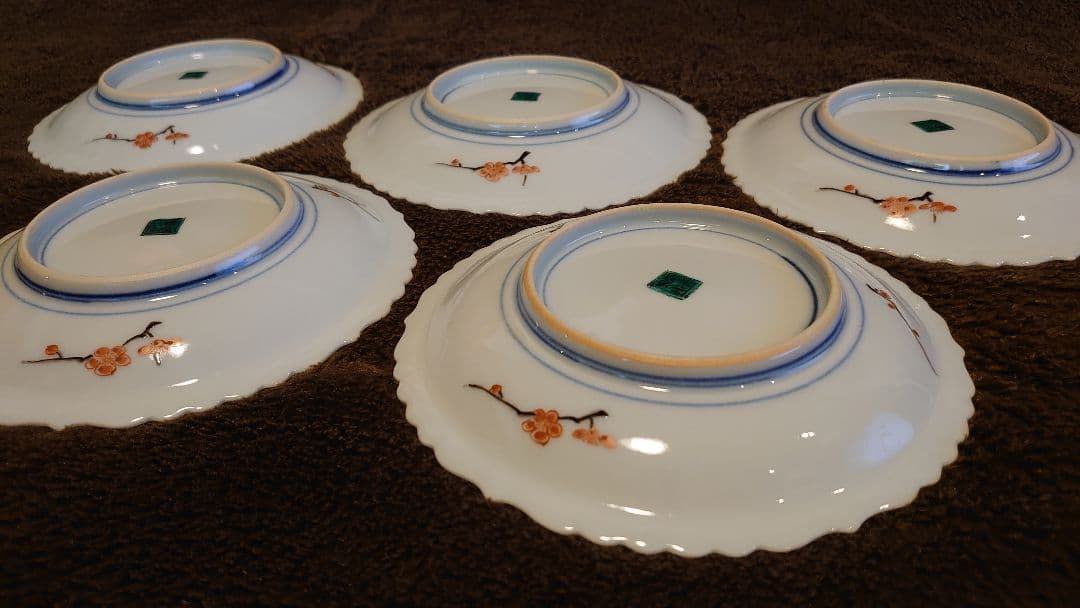 古九谷　九谷焼　輪華皿　陽刻　花の図　蔵出し　５客