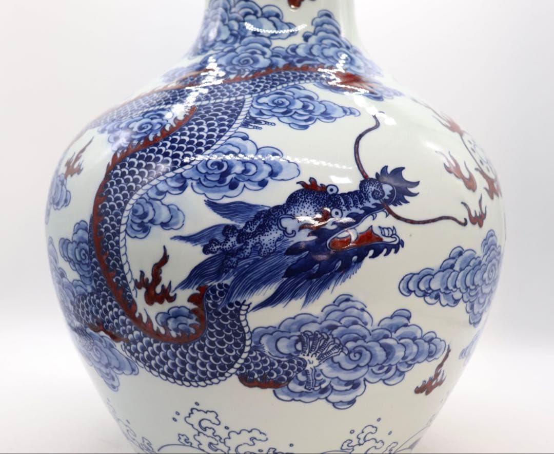 中国　青華釉裏紅　龍紋大瓶　大清康熙年製銘　高さ48cm 送料込み260124