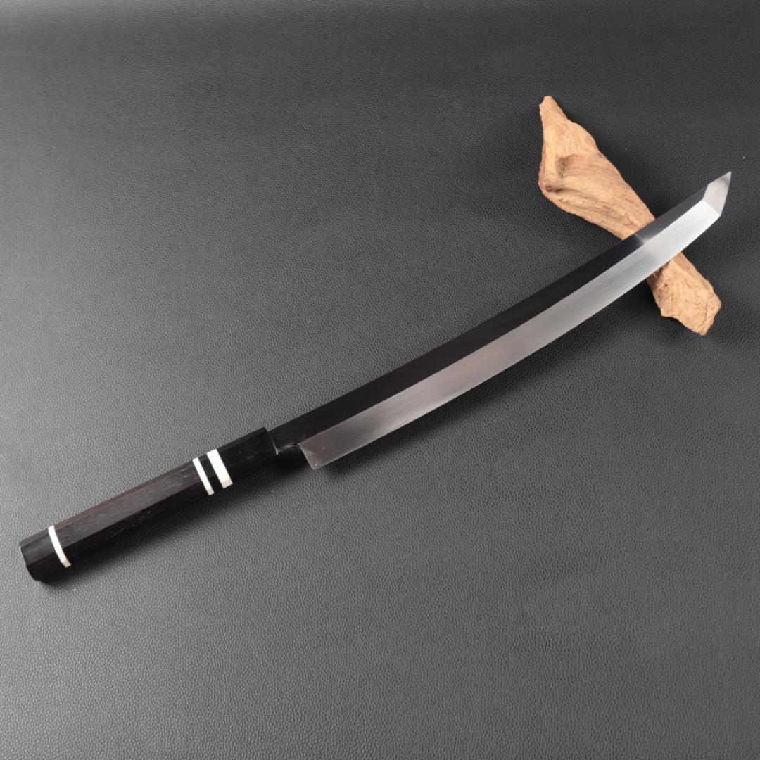 10968鬼反り先丸包丁尺二鏡面仕上げ刺身包丁刃は究極の切れ味黒檀白三本巻八角柄