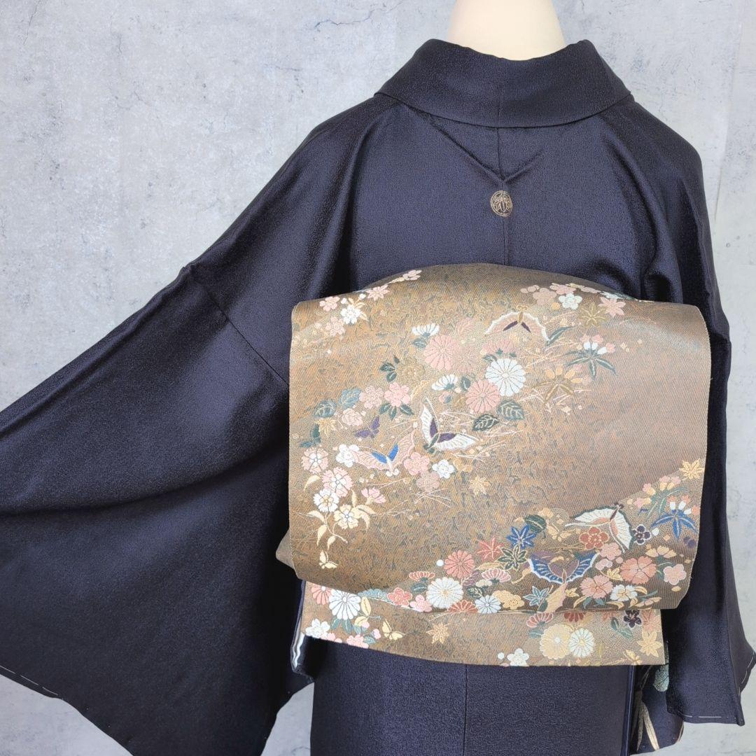 訪問着　フルセット　着物　正絹　暗紫　花　金彩加工　トールサイズ　しつけ糸E1