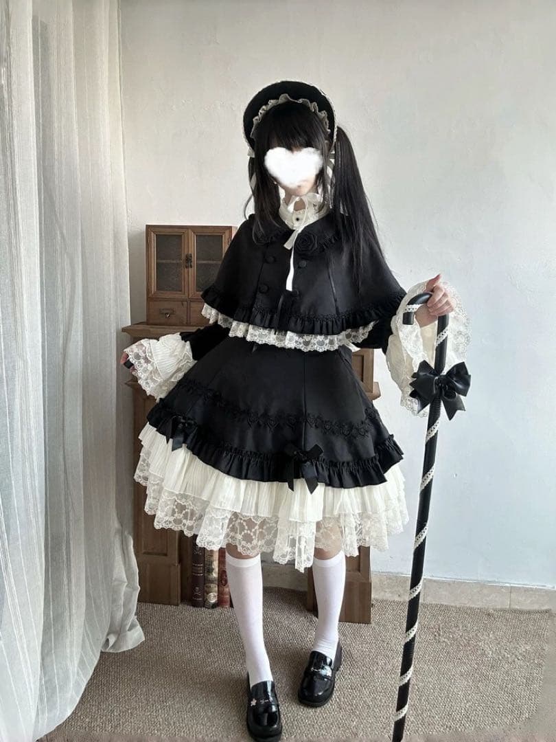 ゴスロリ ロリータ ブラック系 ワンピース マントポンチョ付