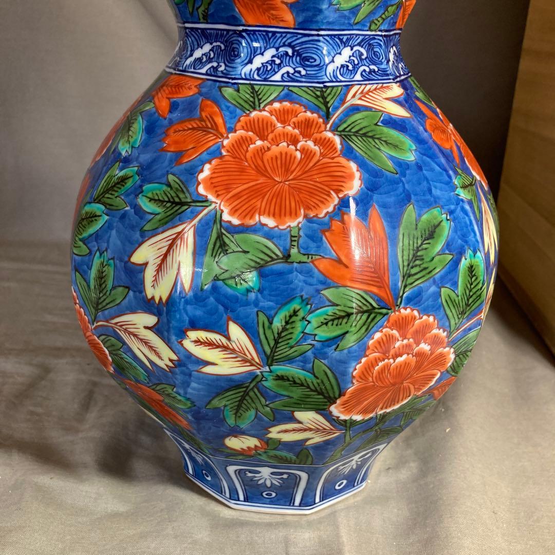 【源右衛門】古伊万里の伝統　日本の名窯　舘林源右衛門作　染錦牡丹絵　瓢形大花瓶