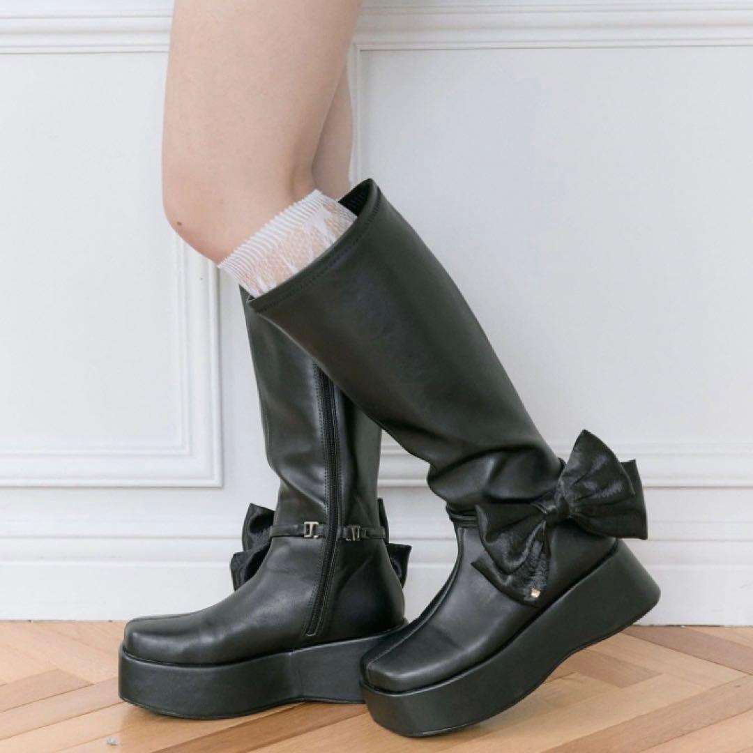 OLIVEdesOLVE BelleCharmeリボン付きスクエアロングブーツ