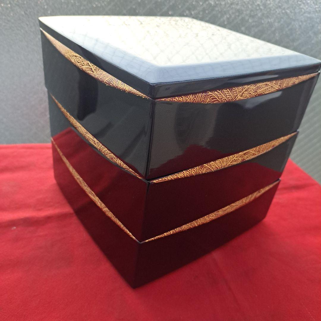 【会津漆器　6.5寸\"3段重箱】天然木製　ダイヤ型　胴張　長期保管品