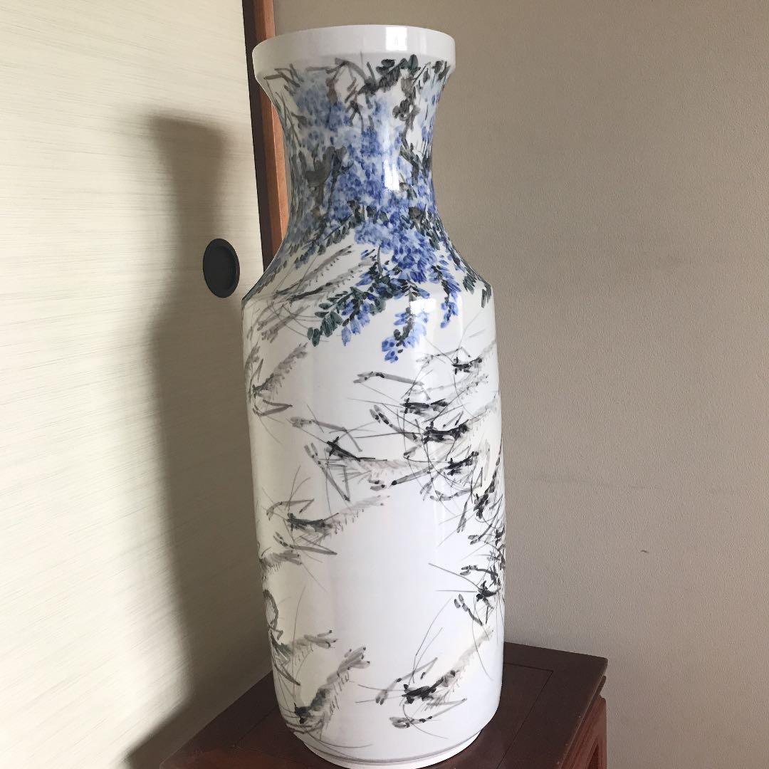 中国美術　特大花瓶　民国　骨董品　海老の絵　高さ66cm