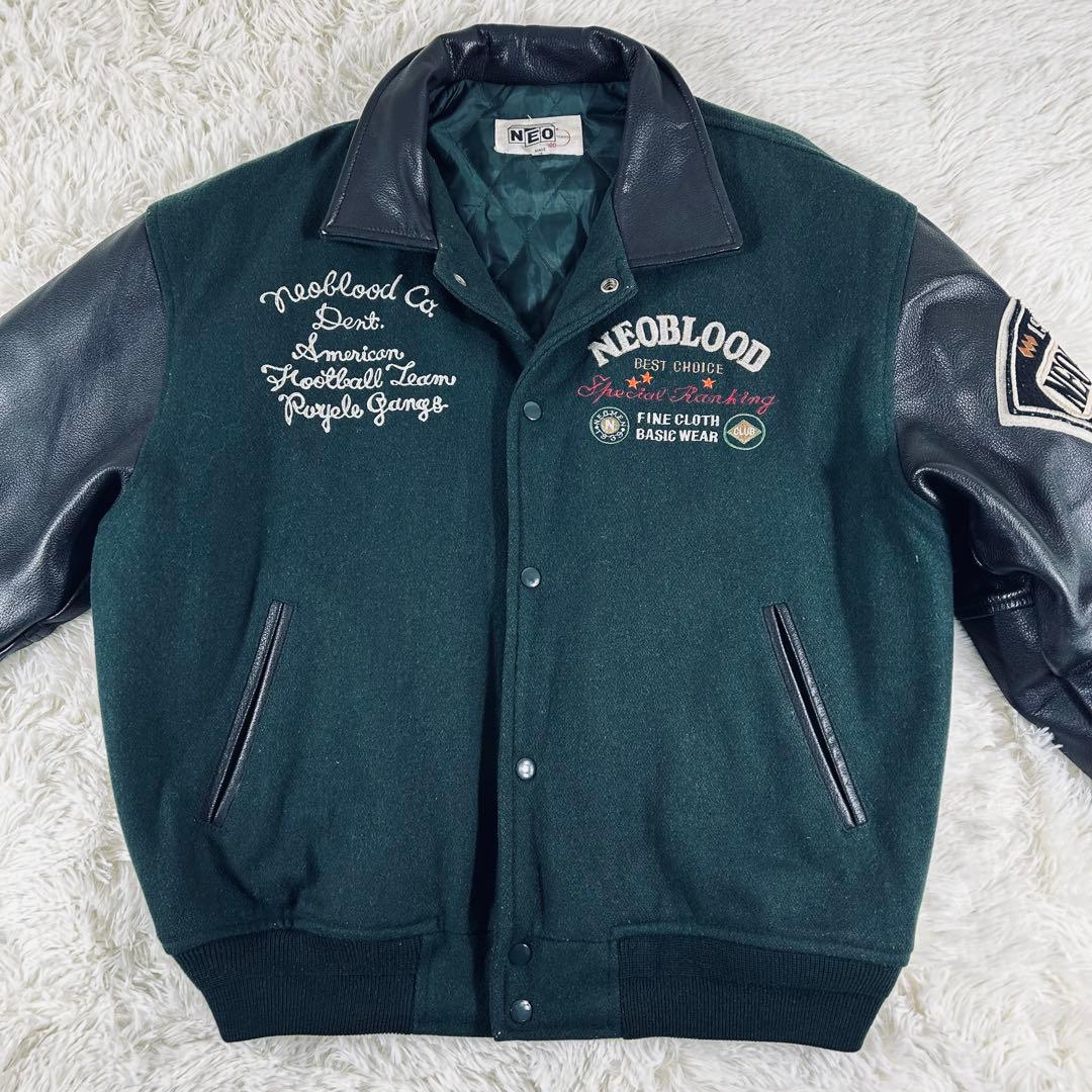 90s　NEO-BLOOD　刺繍　立体ロゴ　本革　スタジャン　切替え