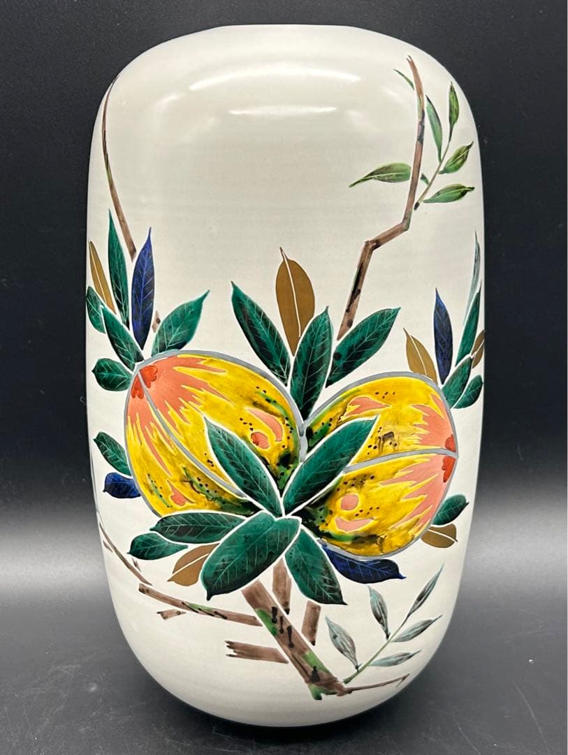 【希少】九谷焼　梶本太衛造　花瓶　青九谷釉彩桃之図　梶本太衛　工芸品