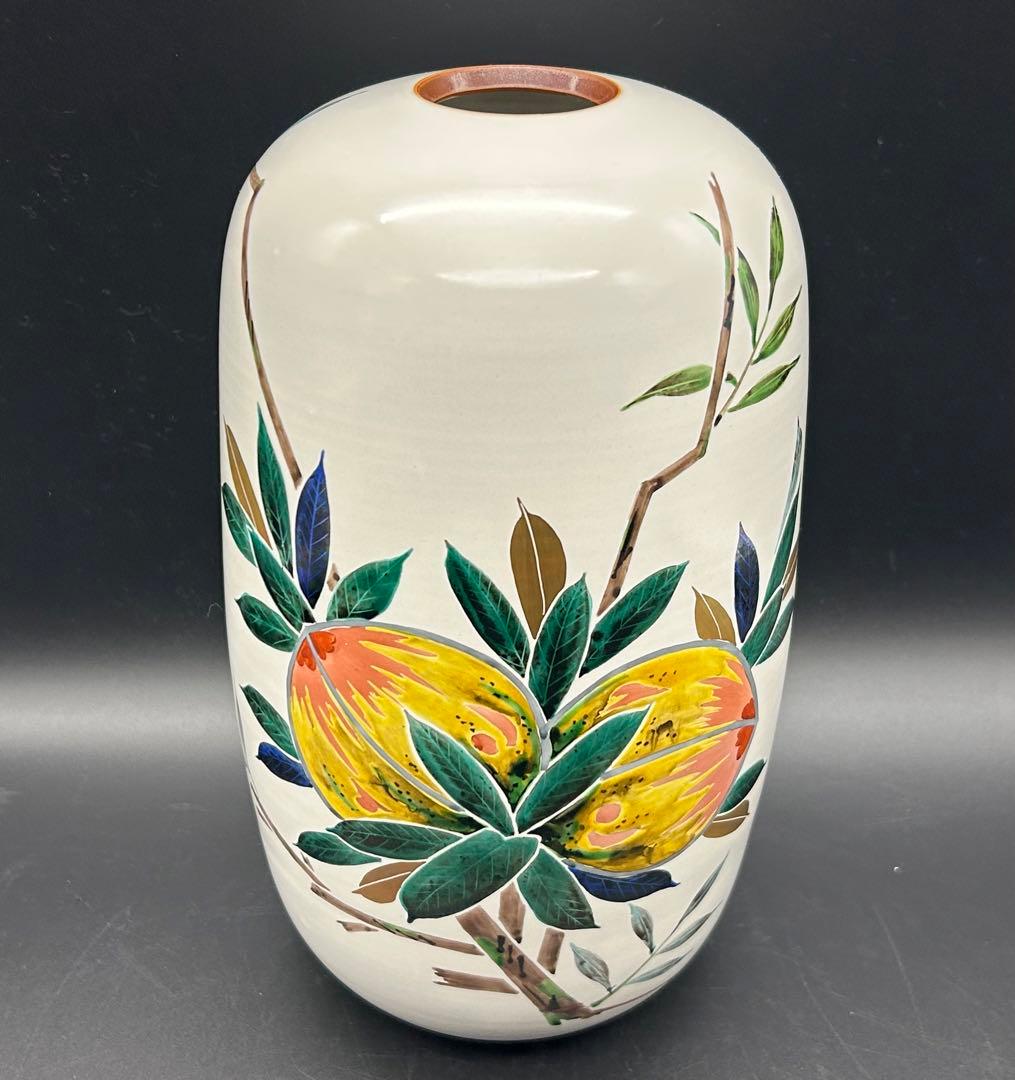 【希少】九谷焼　梶本太衛造　花瓶　青九谷釉彩桃之図　梶本太衛　工芸品
