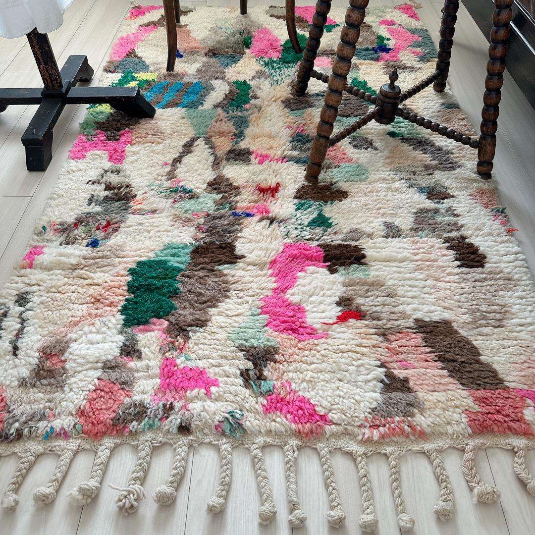 モロッコ製ヴィンテージラグ146 レア ピンク ミントグリーン ブルー