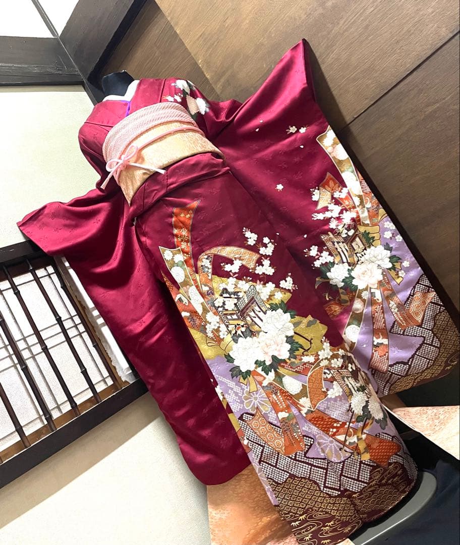 振袖フルセット6点サイズS〜M 束ね熨斗御所車花文　金彩　正絹