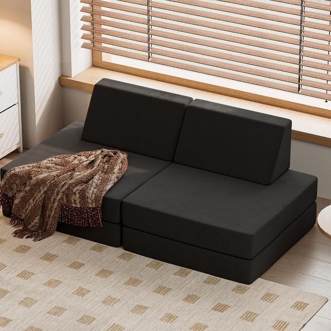 ソファベッド2人掛け フロアソファ3WAY低い座椅子 折りたたみ ブラックグレー