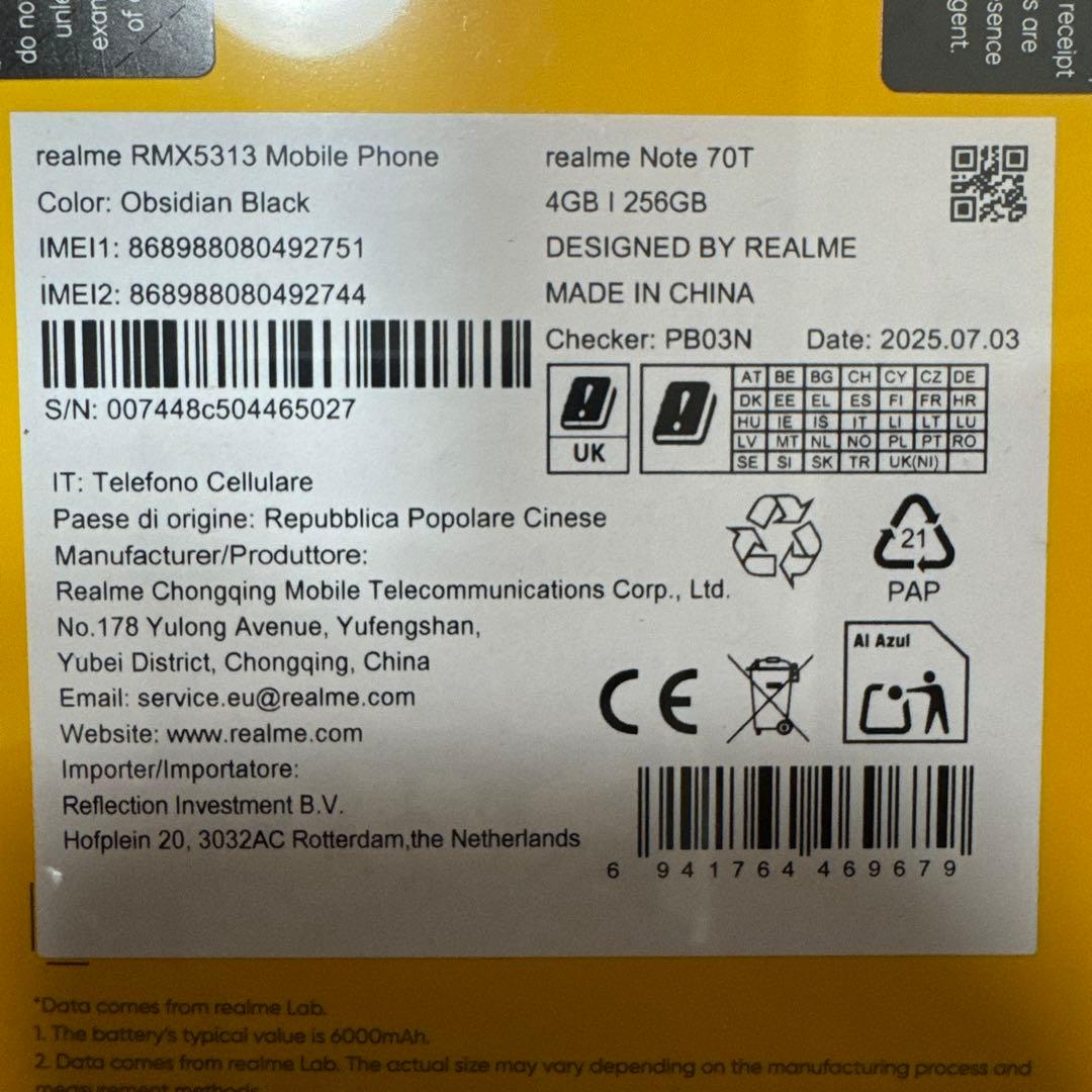 スマートフォン本体 realme Note 70T Obsidian Black 4GB/256GB