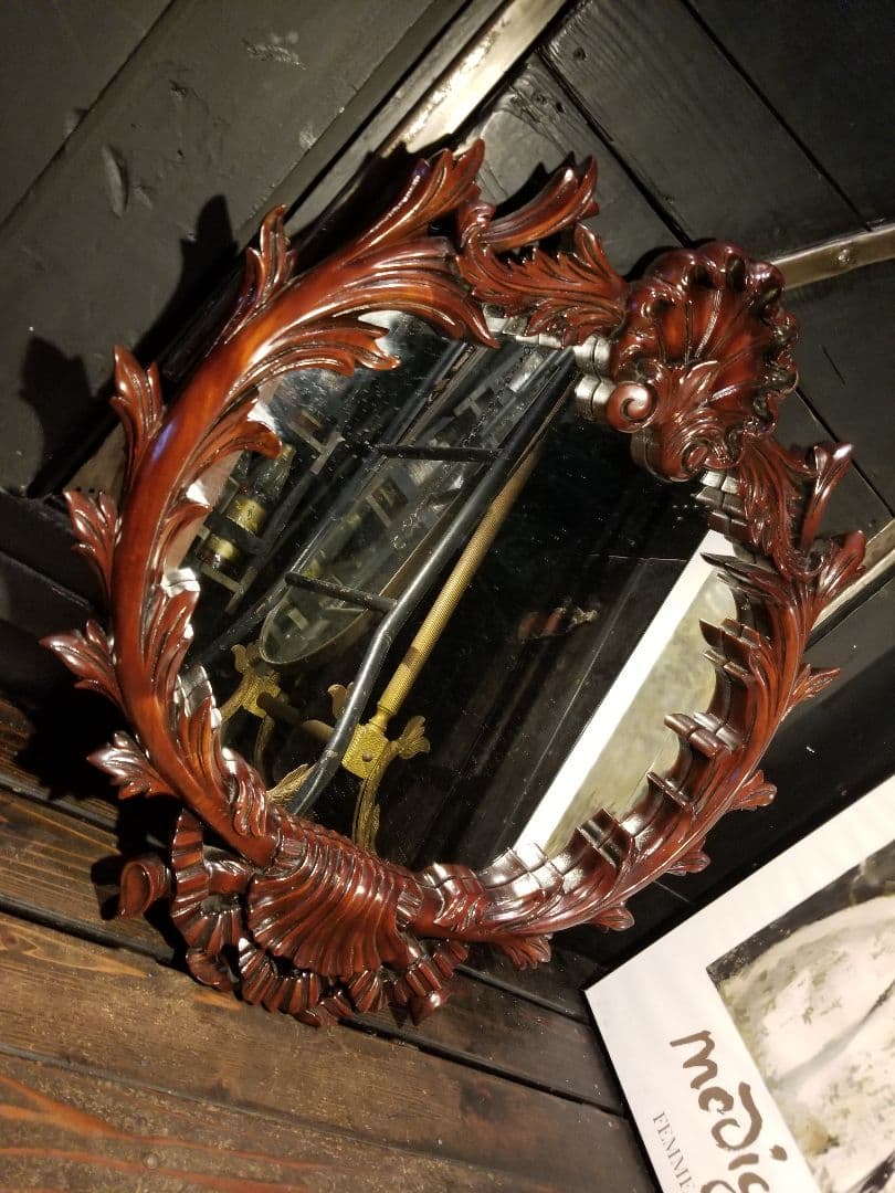 アンティーク　アメリカ製　トラッド　デザイン　リボン　シェル　ミラー　無垢　木製