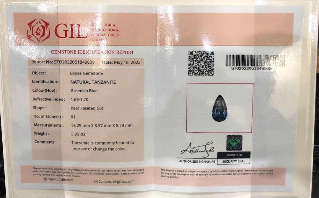 ペアシェイプのロイヤルブルーカラーのタンザナイト宝石。「GIL 認定」