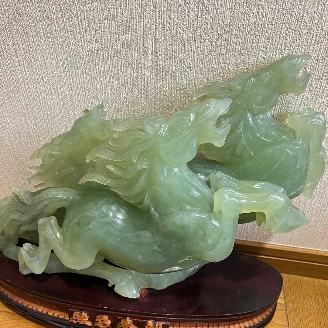超希少/超巨大!! 中国美術 翡翠 ヒスイ 翔馬 跳ね馬 置き物 成功 馬3頭