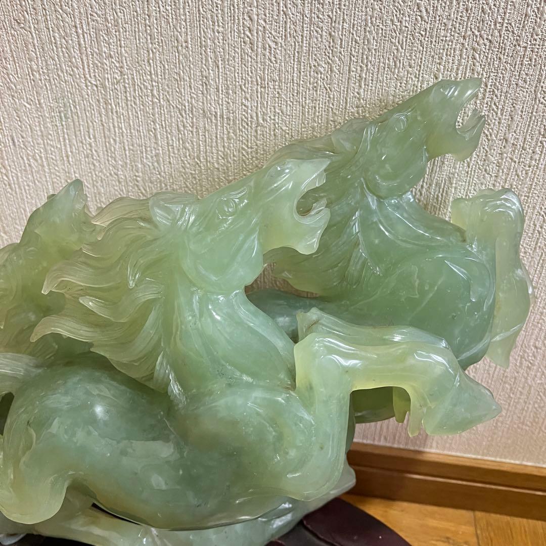 超希少/超巨大!! 中国美術 翡翠 ヒスイ 翔馬 跳ね馬 置き物 成功 馬3頭
