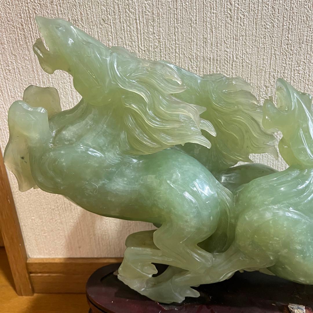 超希少/超巨大!! 中国美術 翡翠 ヒスイ 翔馬 跳ね馬 置き物 成功 馬3頭