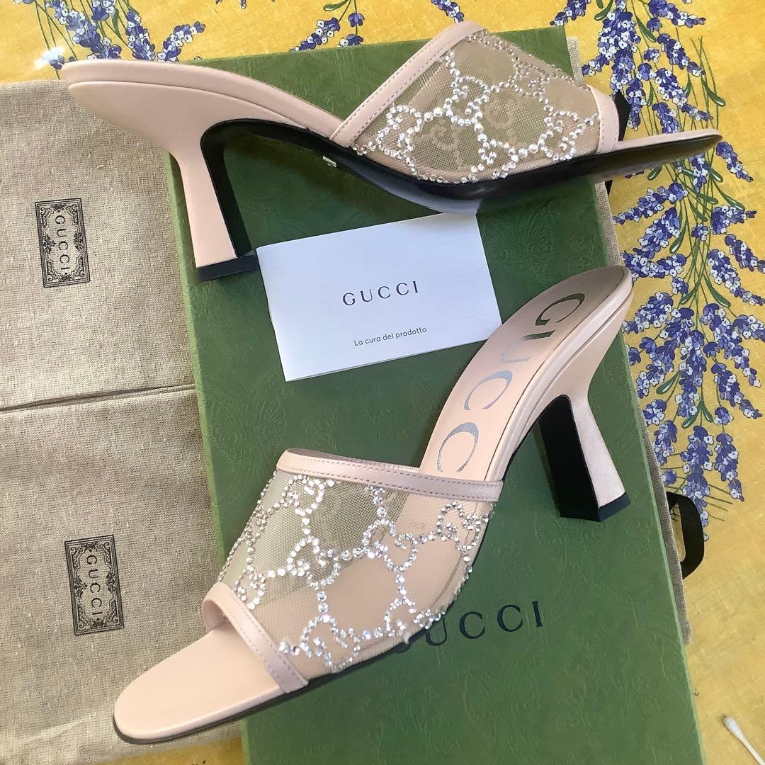 新品! グッチ ダイヤモンドカットクリスタルビジュー GGマーク サンダル24㎝