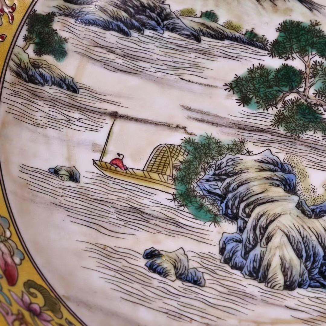 中国古美術・珍蔵粉彩・陶磁器の中皿・風景絵・置物・純手描き・刺繍の箱付・茶道具