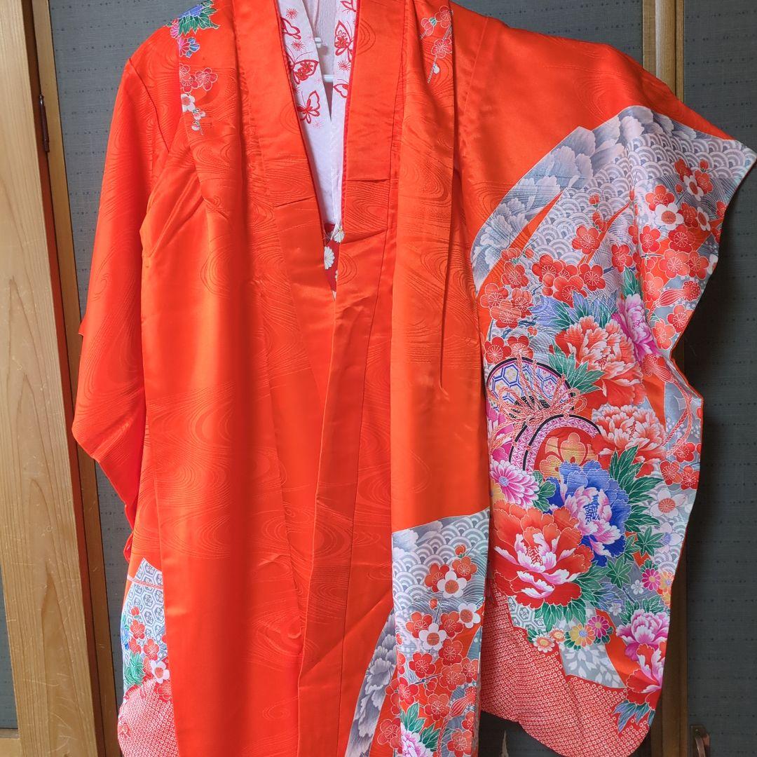 七五三　７歳　女の子　着物　和装　オレンジ系　緑の帯　フルセット