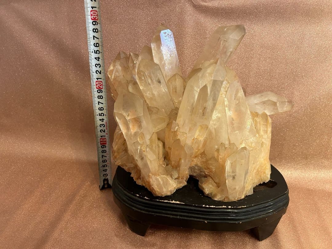 天然水晶 置物 結晶状 黒色台座付き 約15cm