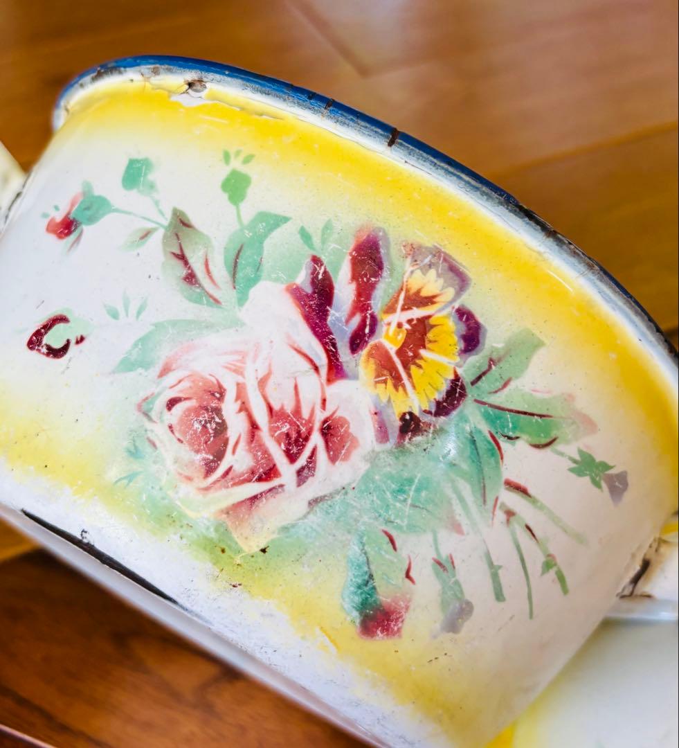 フランスアンティーク ホーロー パンジーの小さなお鍋 イエロー