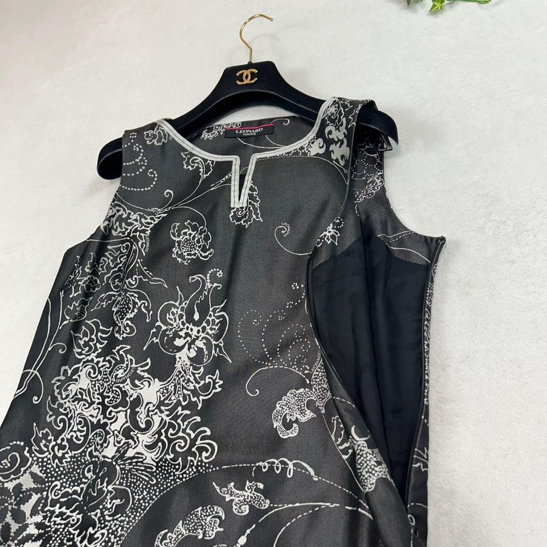 K667 美品 M レオナール シルク混 ひざ丈ワンピース ブラック レディース