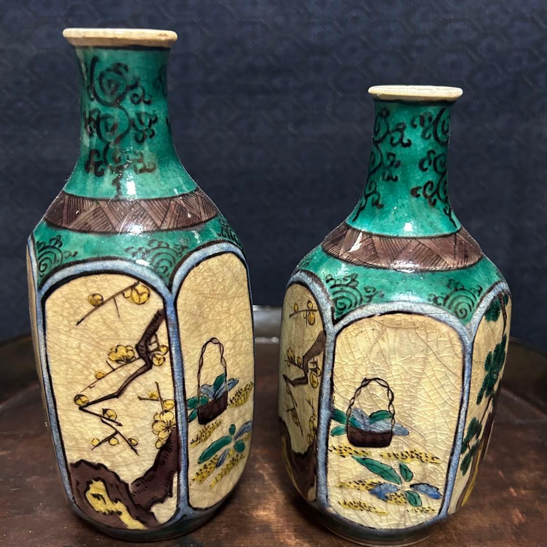 群馬県からの蔵出品　江戸〜明治期頃　青手面取窓絵九谷徳利　一対　無傷　本物保証