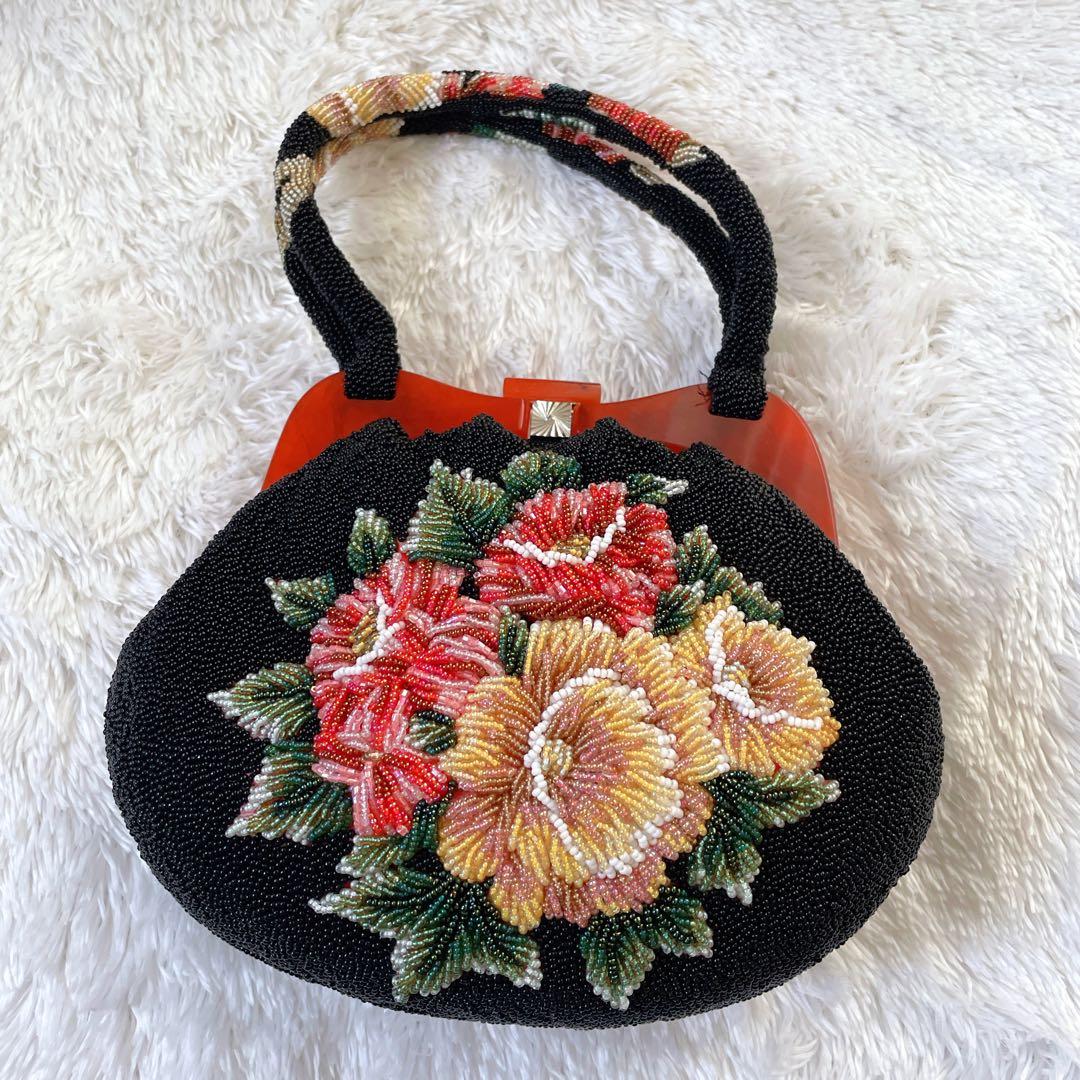 【人気！美品】 ビーズバッグ　手刺繍　総柄　花柄　総ビーズバッグ　和装　がま口