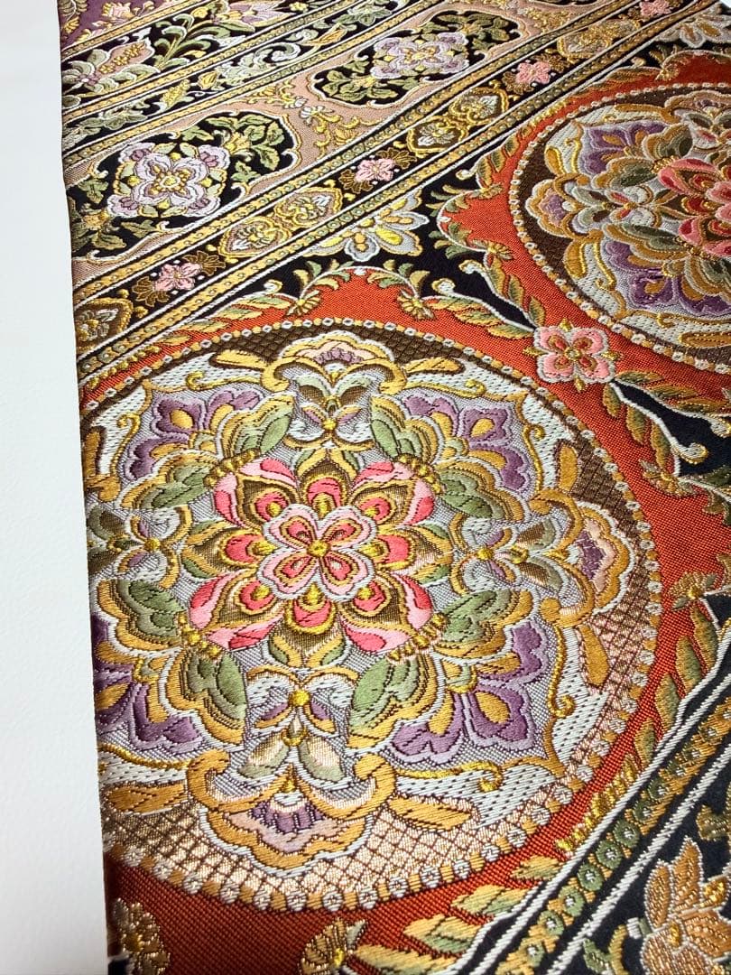 高級 袋帯 正絹 六通柄 ブラック ゴールド 花文様 フォーマル 訪問着