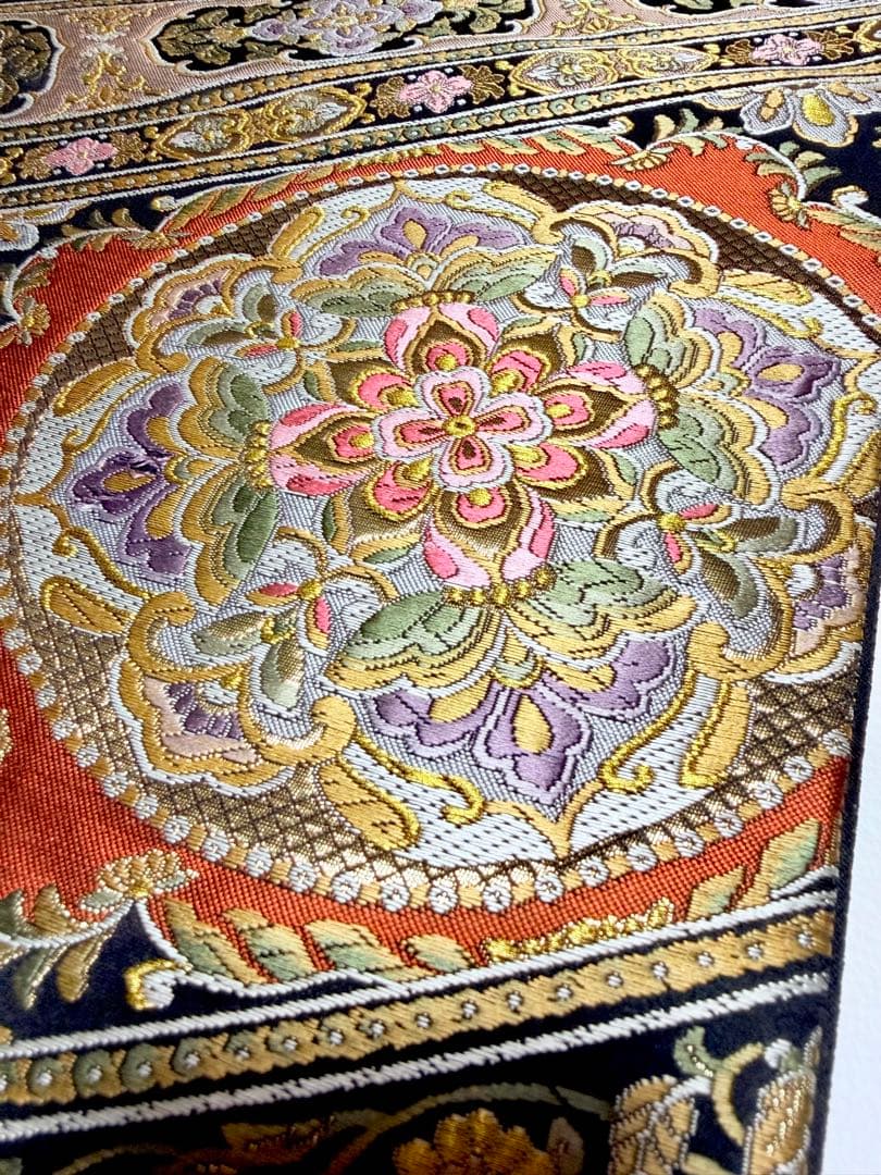 高級 袋帯 正絹 六通柄 ブラック ゴールド 花文様 フォーマル 訪問着