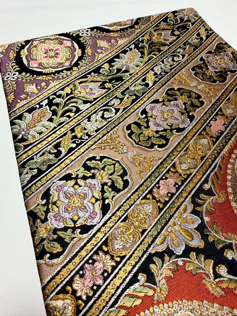 高級 袋帯 正絹 六通柄 ブラック ゴールド 花文様 フォーマル 訪問着