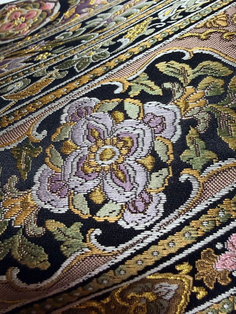 高級 袋帯 正絹 六通柄 ブラック ゴールド 花文様 フォーマル 訪問着