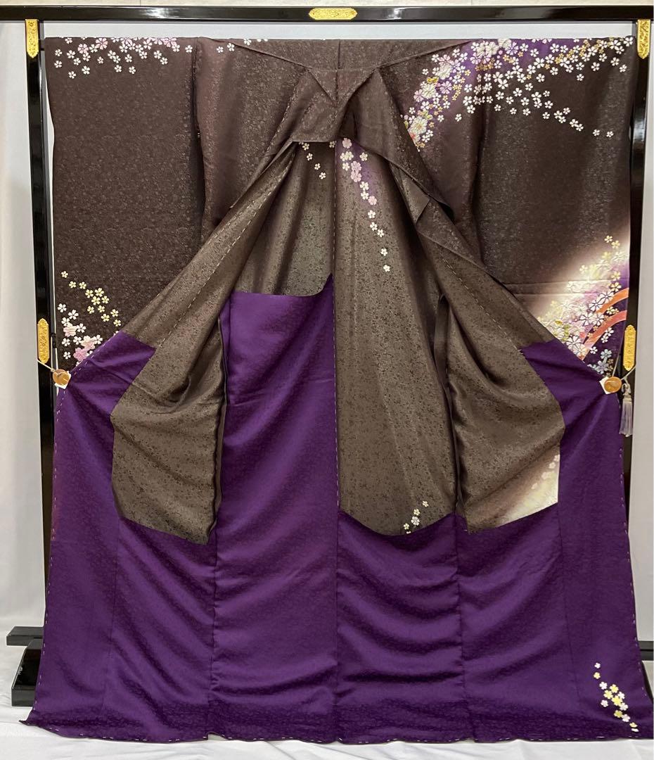 値*ん様 振袖　仮絵羽　未仕立て品　八掛付き　正絹　茶系　絞り　金通し　落款入り