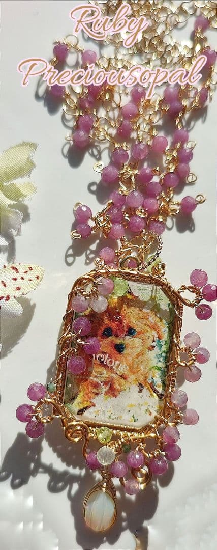 14kgf うちの子【写真ネームオーダー ルビー ピンクオパールネックレス】