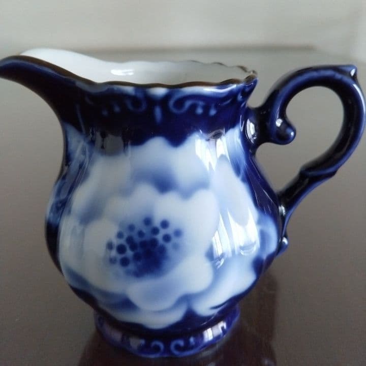 昭和レトロ⭐︎瑠璃色花模様のティーセット5点⭐︎新品未使用⭐︎手描きビンテージ