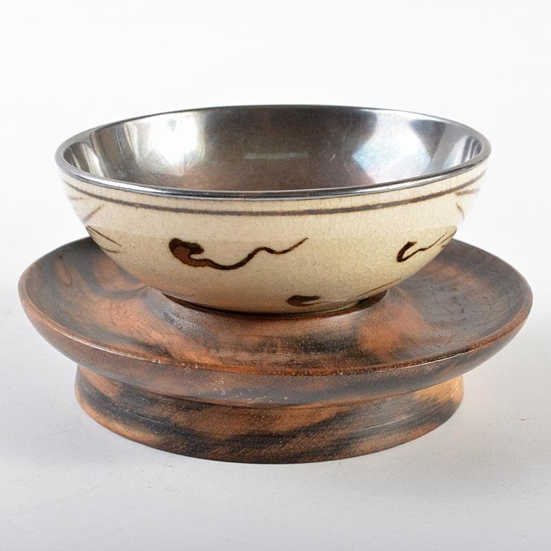 大陸　永楽善五郎作　鉄絵　蜻蛉文　内銀張　盃　黒柿盃台付　D　R5937