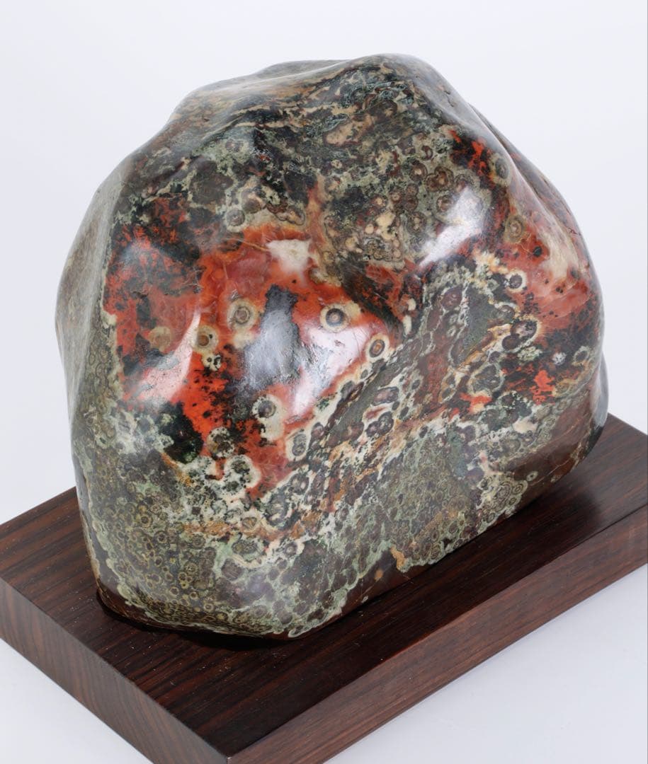 孔雀石 菊花石 梅花石 紋石 桜石 鑑賞石 原石 5.4kg 台座付 水石 盆石