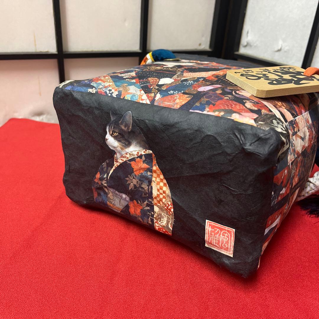 侍猫 一閑張り バッグ かごバッグ ハンドバッグ 和猫 和柄 武士 少し小さめ