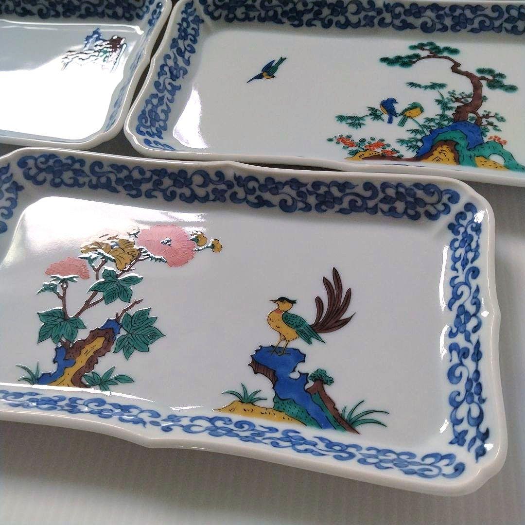 古九谷 九谷焼 九谷青郊 青郊窯 絵変わり 花鳥図 長角皿 角皿 5客揃