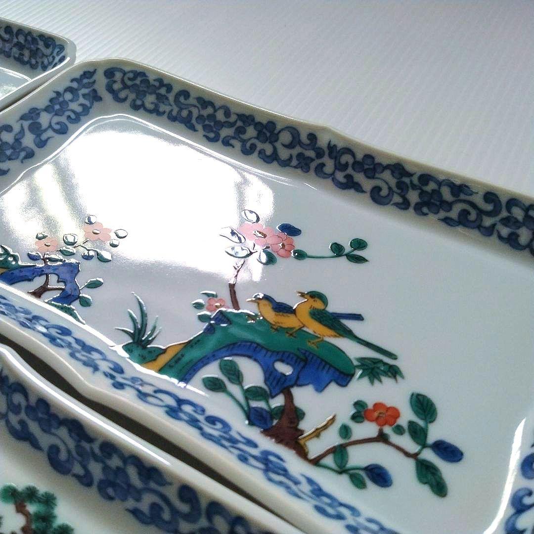 古九谷 九谷焼 九谷青郊 青郊窯 絵変わり 花鳥図 長角皿 角皿 5客揃
